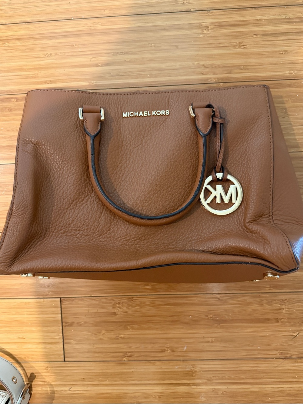 Michael Kors Tan Pebbled Leather Satchel with Gold MK Charm